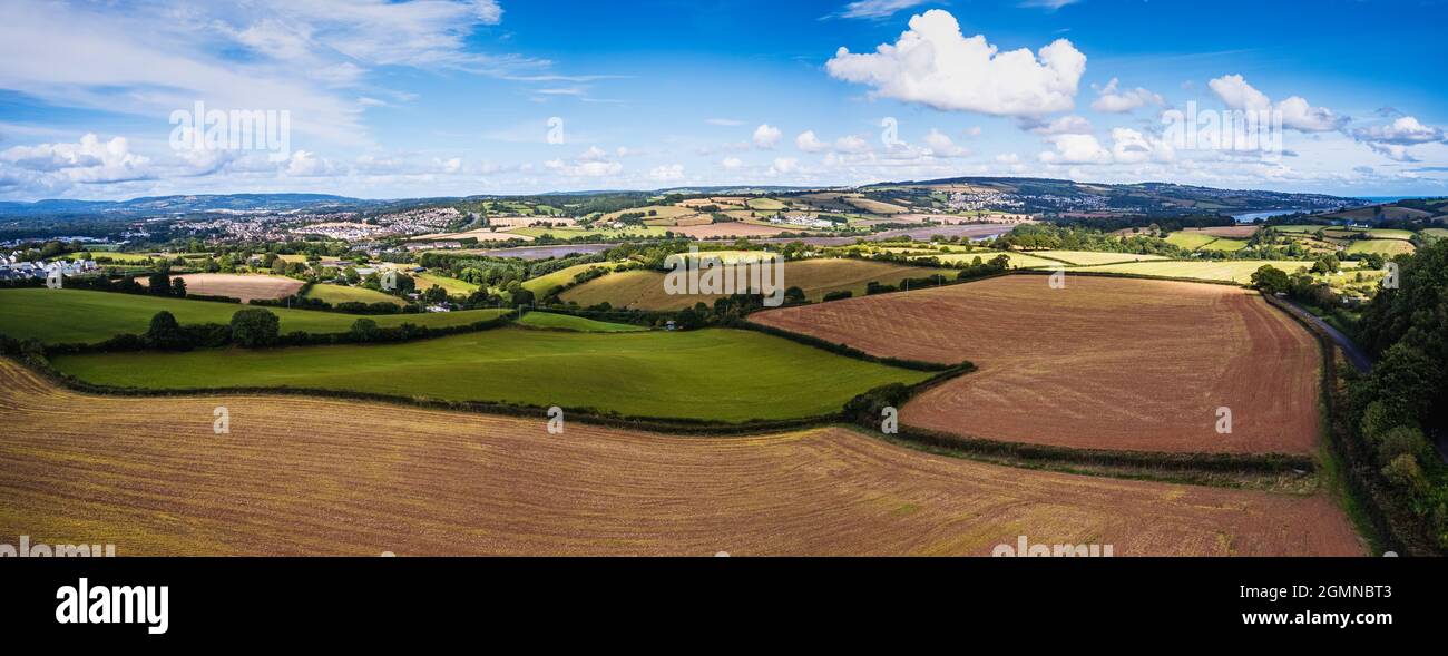 Photographie de drone, Fields and Meadows Over River Teign, Devon, Angleterre, Europe Banque D'Images