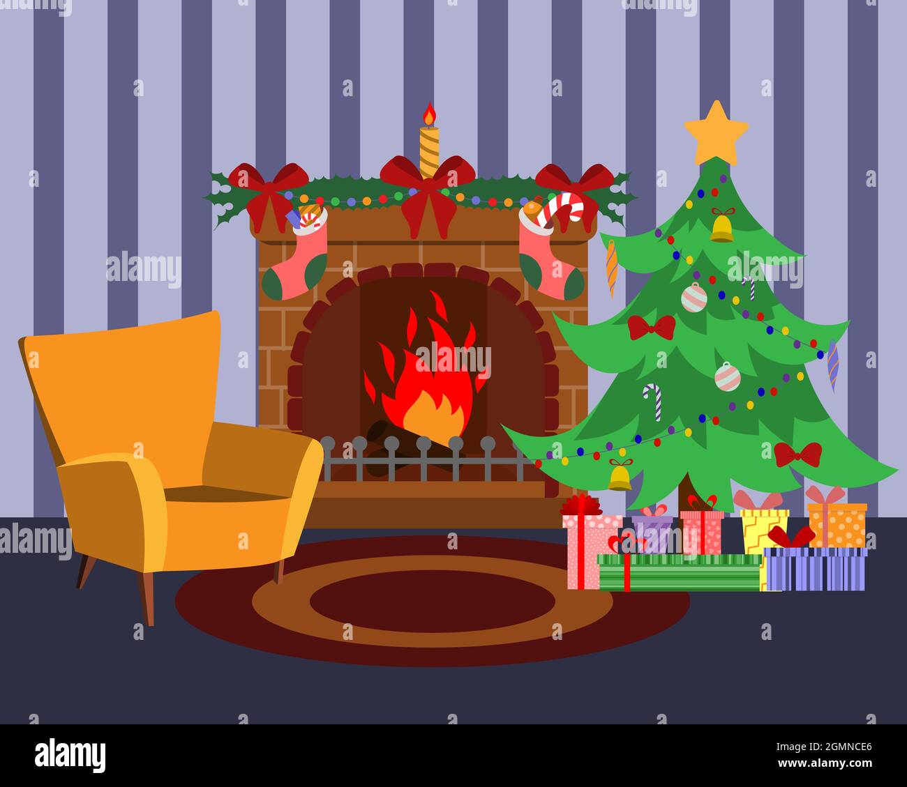 Cette chambre de Noël confortable est décorée avec un sapin de Noël et des boîtes-cadeaux colorées Illustration de Vecteur