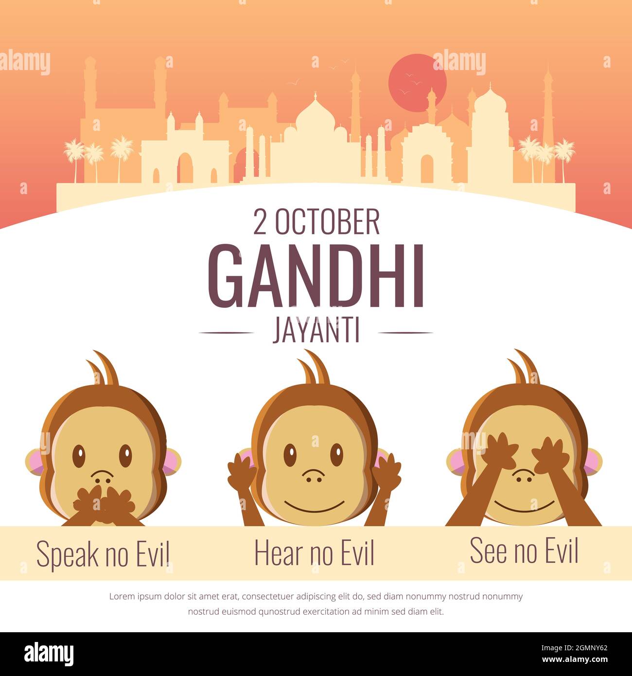 Illustration de Gandhi Jayanti. Illustration de trois singes pour ne pas parler de mal, n'entendre aucun mal, ne voir aucun mal. Illustration de Vecteur