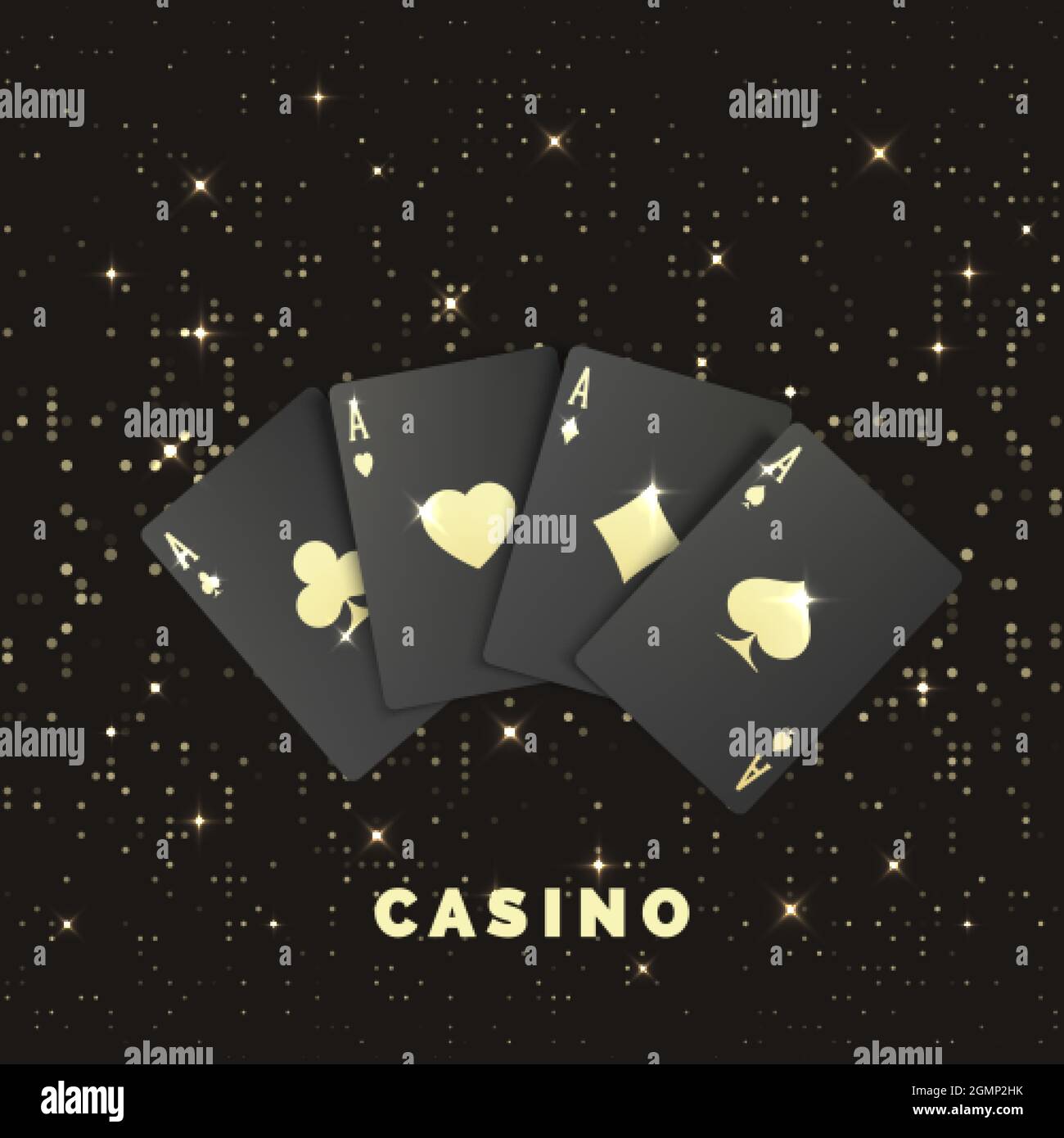 Quatre cartes de poker noires avec étiquette dorée. Quads ou quatre d'une sorte par ace. Bannière ou affiche de Casino dans le style royal. Illustration vectorielle Illustration de Vecteur