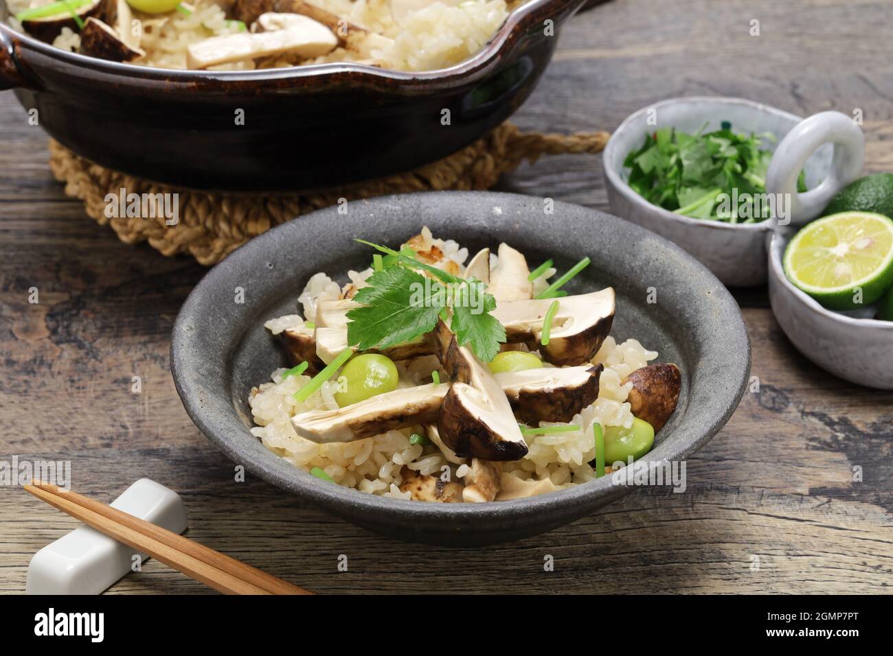 Matsutake Gohan (riz bouilli avec champignons matsutake), nourriture japonaise d'automne Banque D'Images