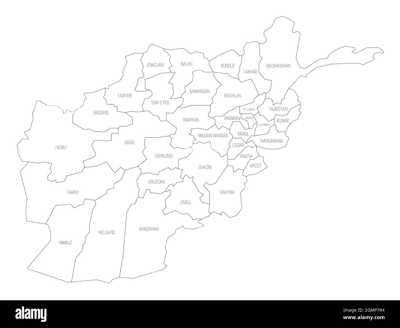 Carte politique noire de l'Afghanistan. Divisions administratives - provinces. Carte vectorielle plate simple avec étiquettes. Illustration de Vecteur