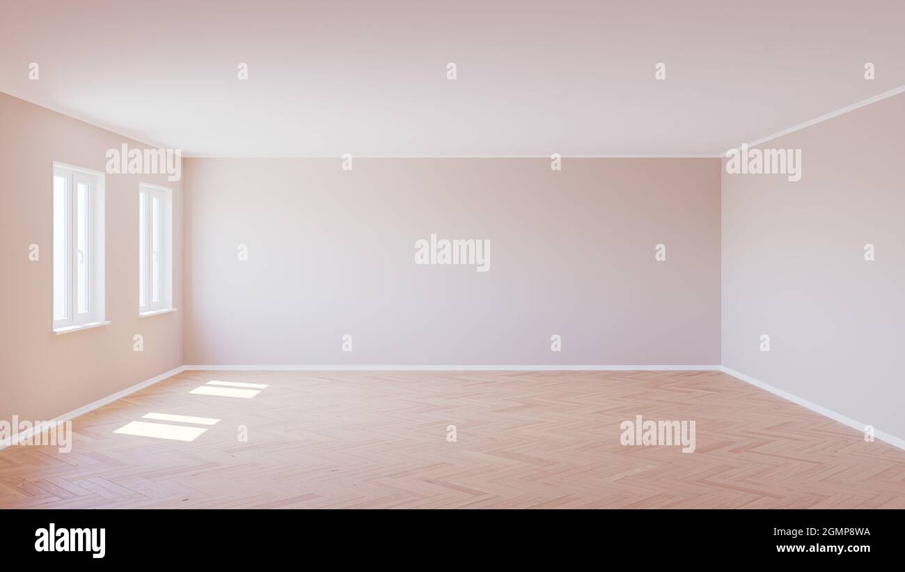 Magnifique intérieur vide avec parquet, deux fenêtres en plastique, murs beige et Plinth, éclairé par le soleil, illustration 3d Banque D'Images