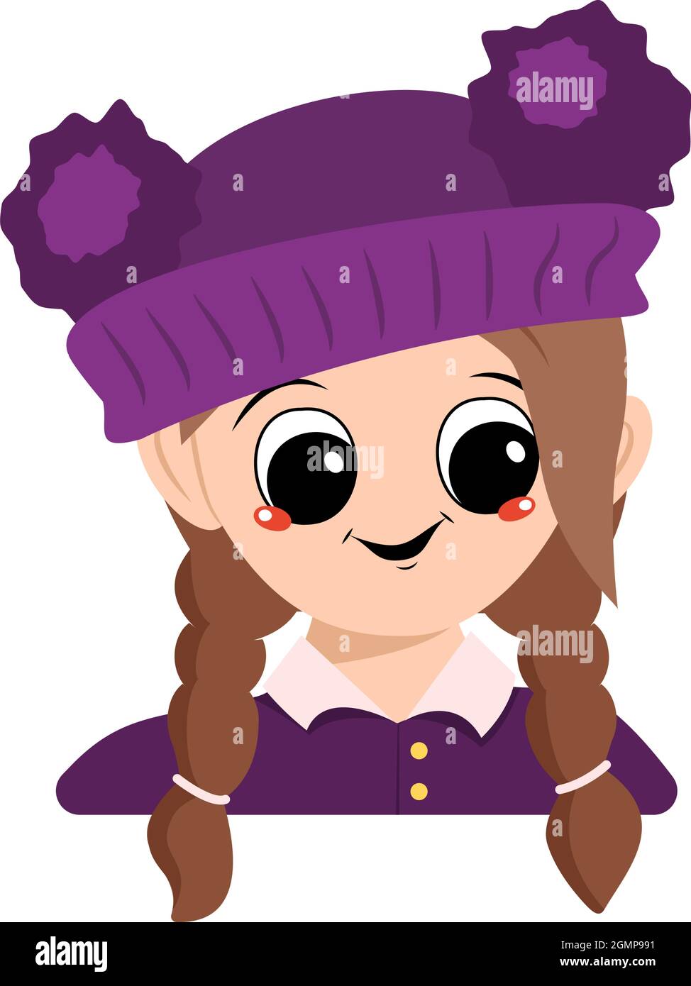 Avatar d'une fille avec de grands yeux et un grand sourire heureux dans un chapeau violet avec un pompon. Tête d'un enfant avec un visage joyeux Illustration de Vecteur