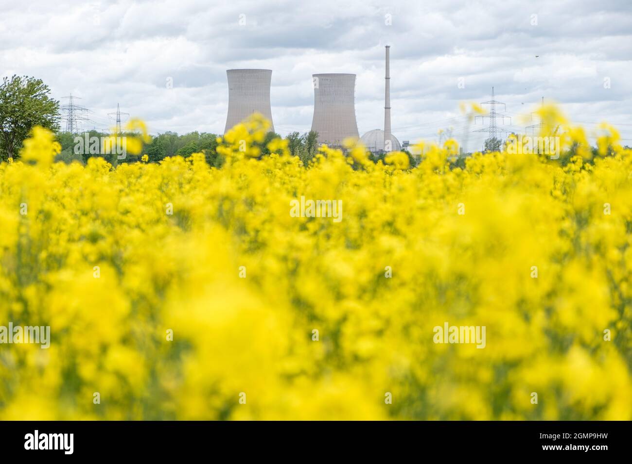 Grafenrheinfeld, Allemagne. 21 mai 2021. Les tours de refroidissement de la centrale nucléaire de Grafenrheinfeld désaffectée sont visibles derrière un champ de colza. Le plan d'élimination nucléaire de l'Allemagne prévoit la fermeture de toutes les centrales nucléaires en Allemagne d'ici la fin de 2022. Crédit : OLE Spata/dpa/Alay Live News Banque D'Images