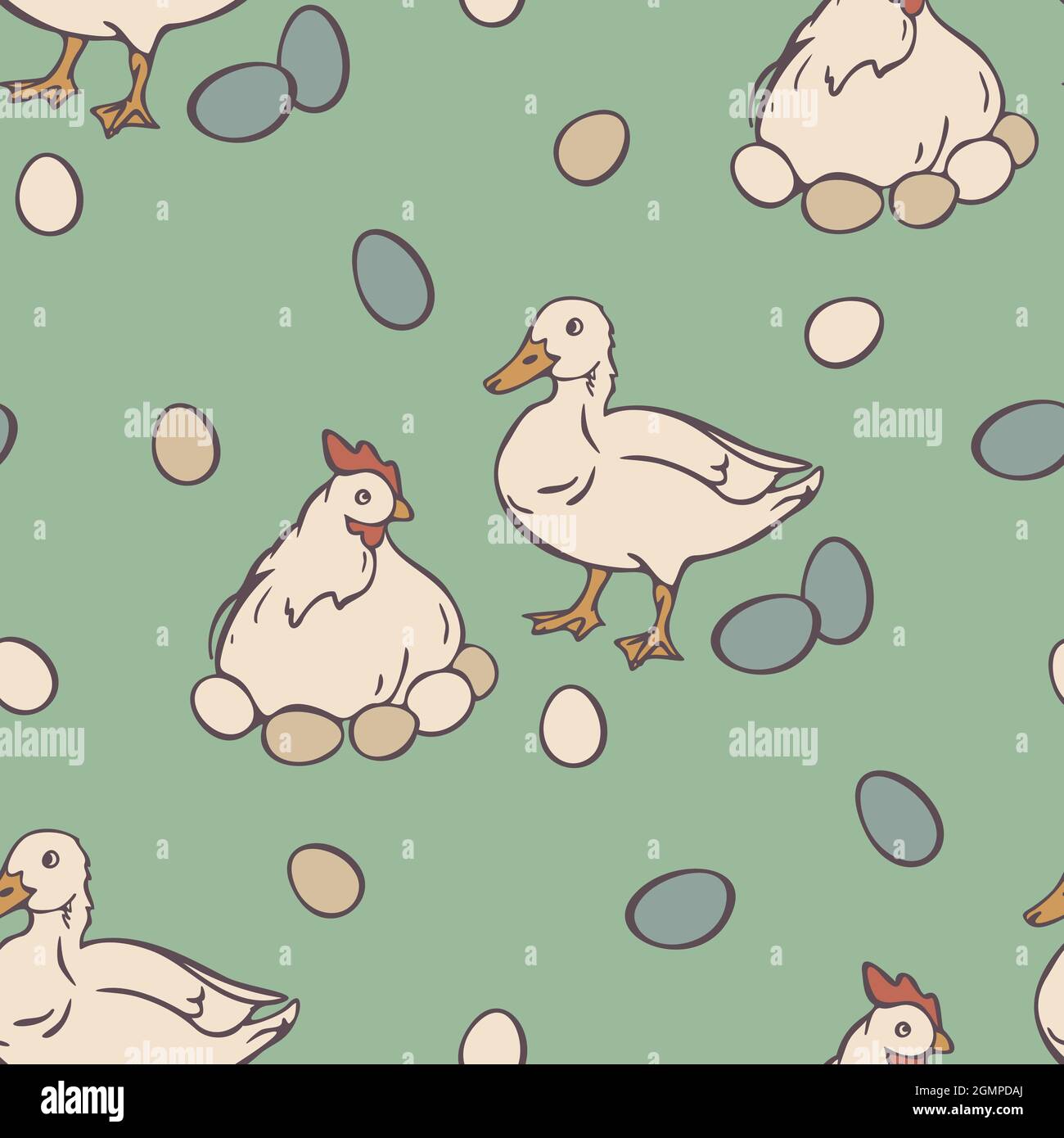 Motif vectoriel sans couture avec canard et poule de couvain. Oiseaux domestiques et œufs sur fond vert clair. Illustration de Vecteur