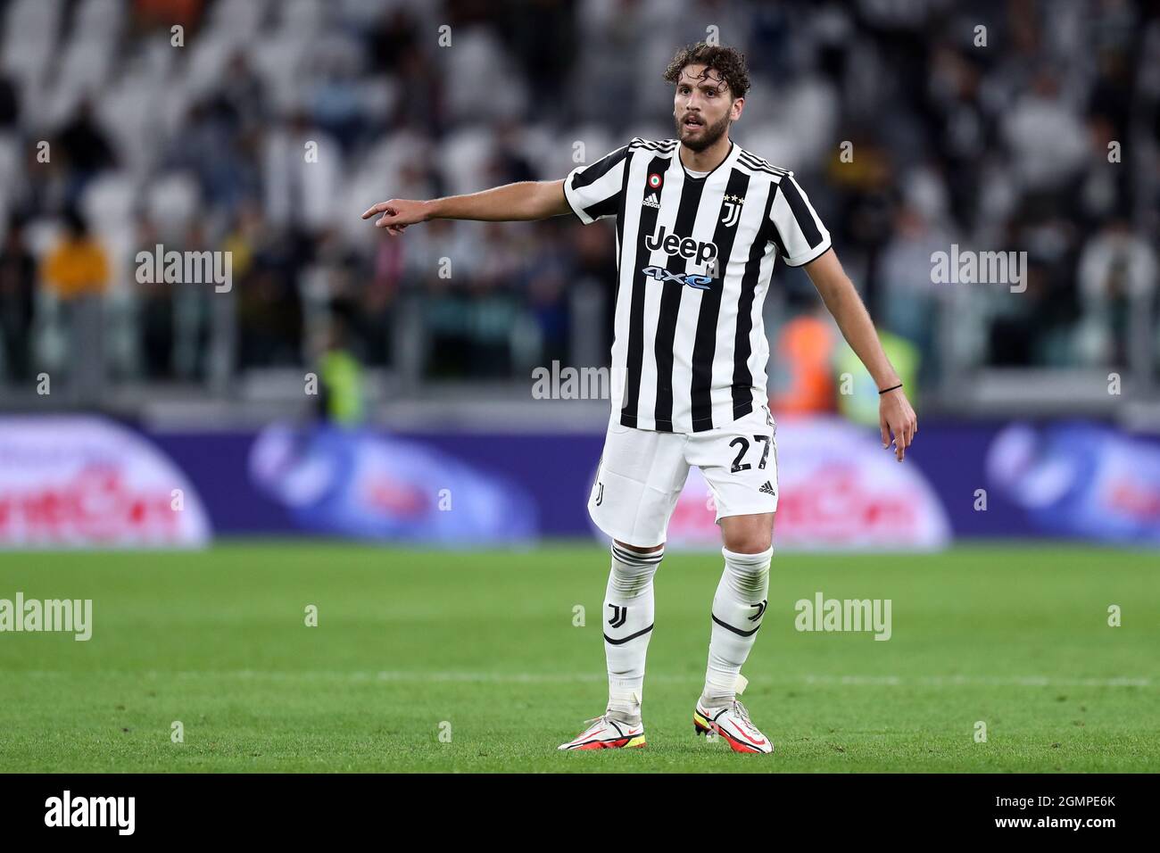 Turin, Italie. 19 septembre 2021. Manuel Locatelli de Juventus FC gestes pendant la série Un match entre Juventus FC et AC Milan. Banque D'Images