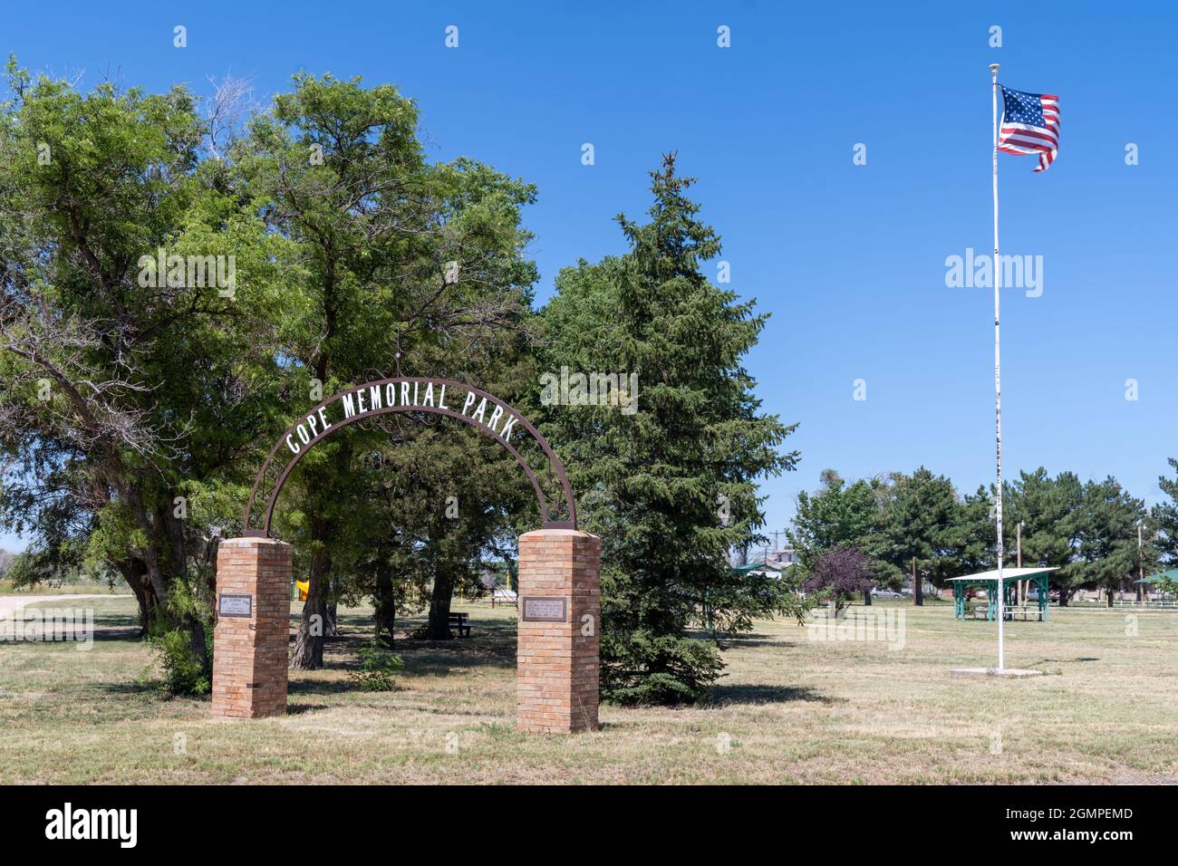 Cope, Colorado - 28 juillet 2021 : panneau et porte pour le parc commémoratif Cope dans la petite ville Banque D'Images