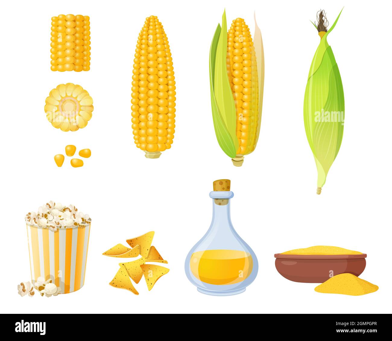 Ensemble de épis de maïs et de produits à base de maïs Illustration de Vecteur