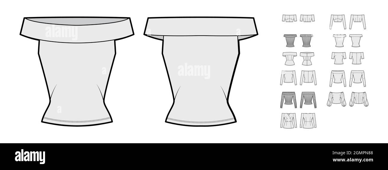 Ensemble de hauts hors-d'épaule chemises, chemisiers illustration technique de la mode avec corps ajusté, coude court manches longues. Modèle de vêtement plat à l'avant, à l'arrière, de couleur grise. Femmes, hommes unisex CAD maquette Illustration de Vecteur