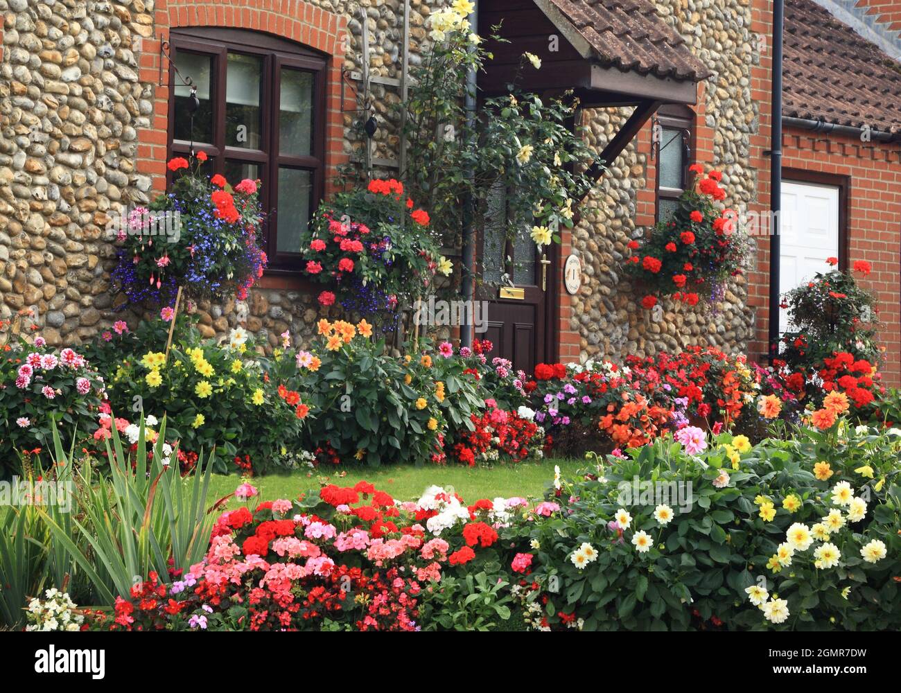 Jardin, fin d'été, maison, pelouse, petits jardins à l'avant, Norfolk, Angleterre Banque D'Images