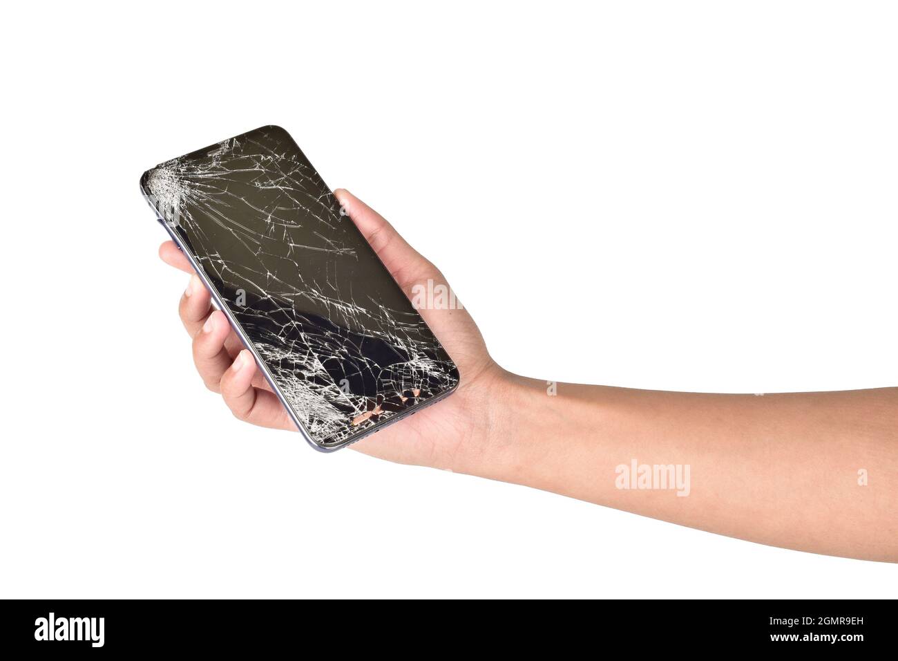 Smartphone d'affichage cassé à la main isolé sur fond blanc avec masque Banque D'Images