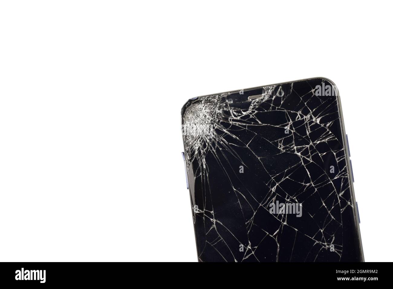 Smartphone à écran cassé isolé sur fond blanc avec masque de découpe Banque D'Images