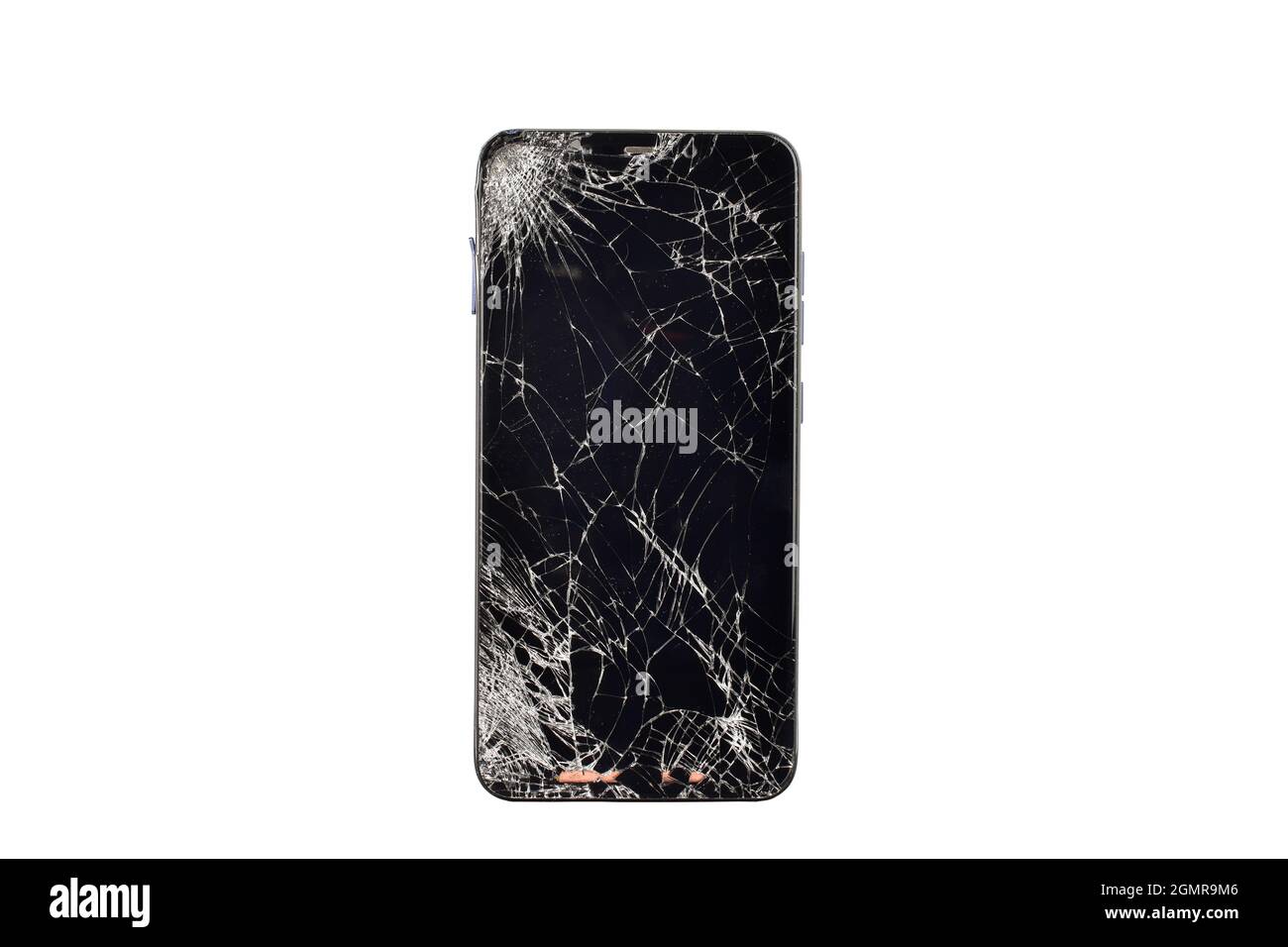 Vue avant du téléphone à écran crack isolé sur fond blanc avec masque de découpe Banque D'Images