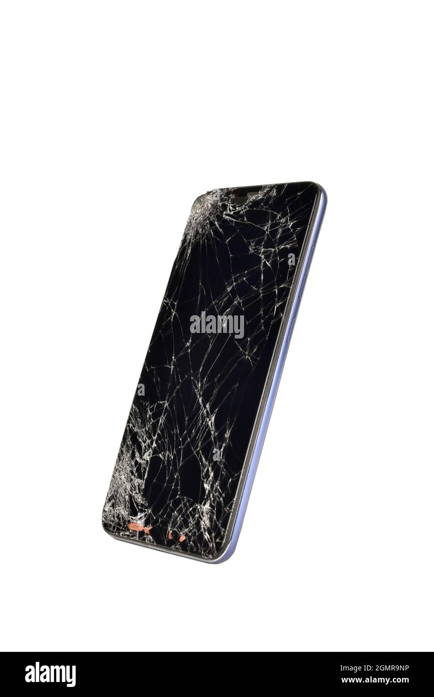 Smartphone à écran cassé isolé sur fond blanc avec masque Banque D'Images