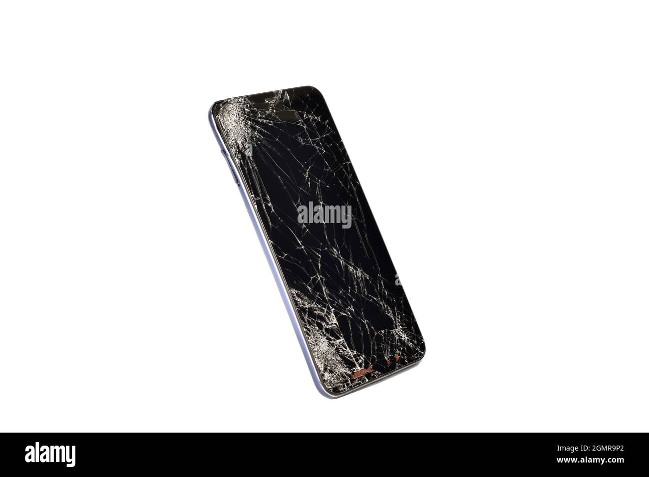 Smartphone à écran cassé isolé sur fond blanc avec masque Banque D'Images