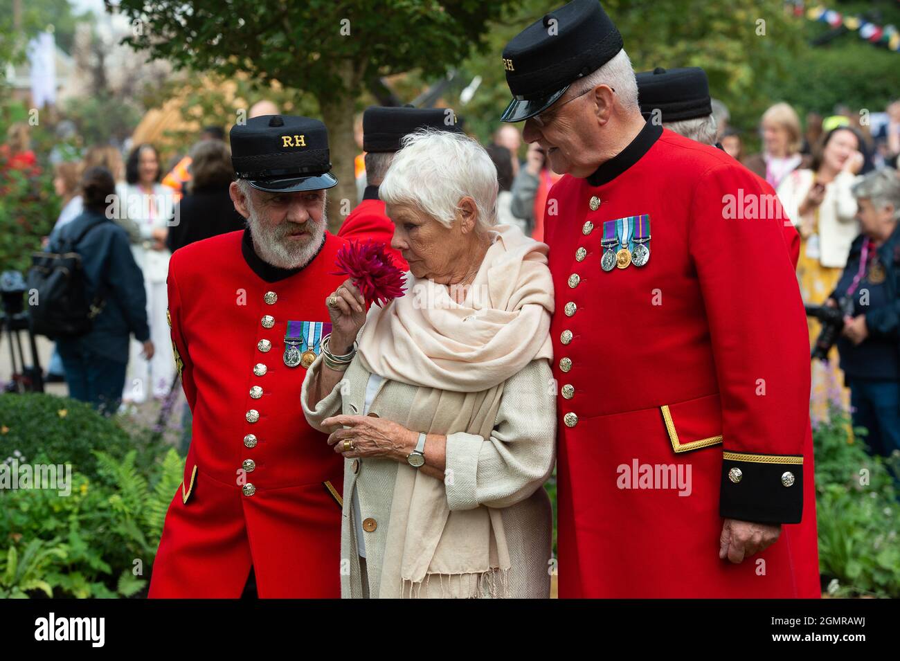 Londres, Royaume-Uni. 20 septembre 2021. Dame Judi Dench, ambassadrice de la Reine pour la canopée verte a ouvert le RHS Queen's Canopy Garden avec quelques retraités de Chelsea. C'était une journée chargée le jour de la presse au RHS Chelsea Flower Show 2021. Crédit : Maureen McLean/Alay Live News Banque D'Images