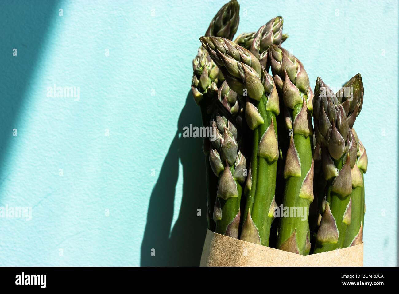 Un bouquet, un paquet de pousses d'asperges vertes fraîches enveloppées dans un papier kraft brun, un sac écologique sur fond bleu clair avec des nuances contrastées. Usefu Banque D'Images