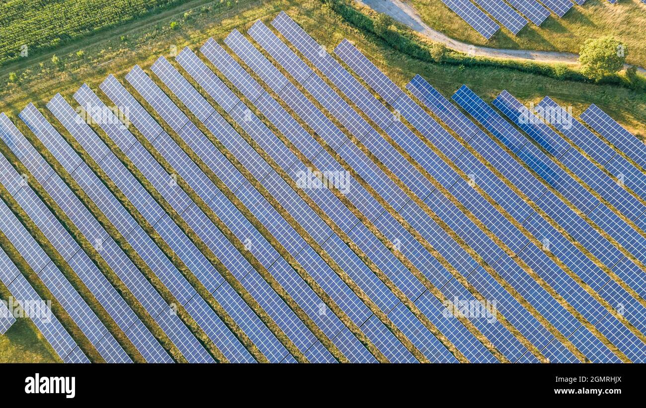 Vue aérienne du panneau solaire dans la ferme solaire en soirée lumière du soleil, West Sussex, Royaume-Uni. Banque D'Images