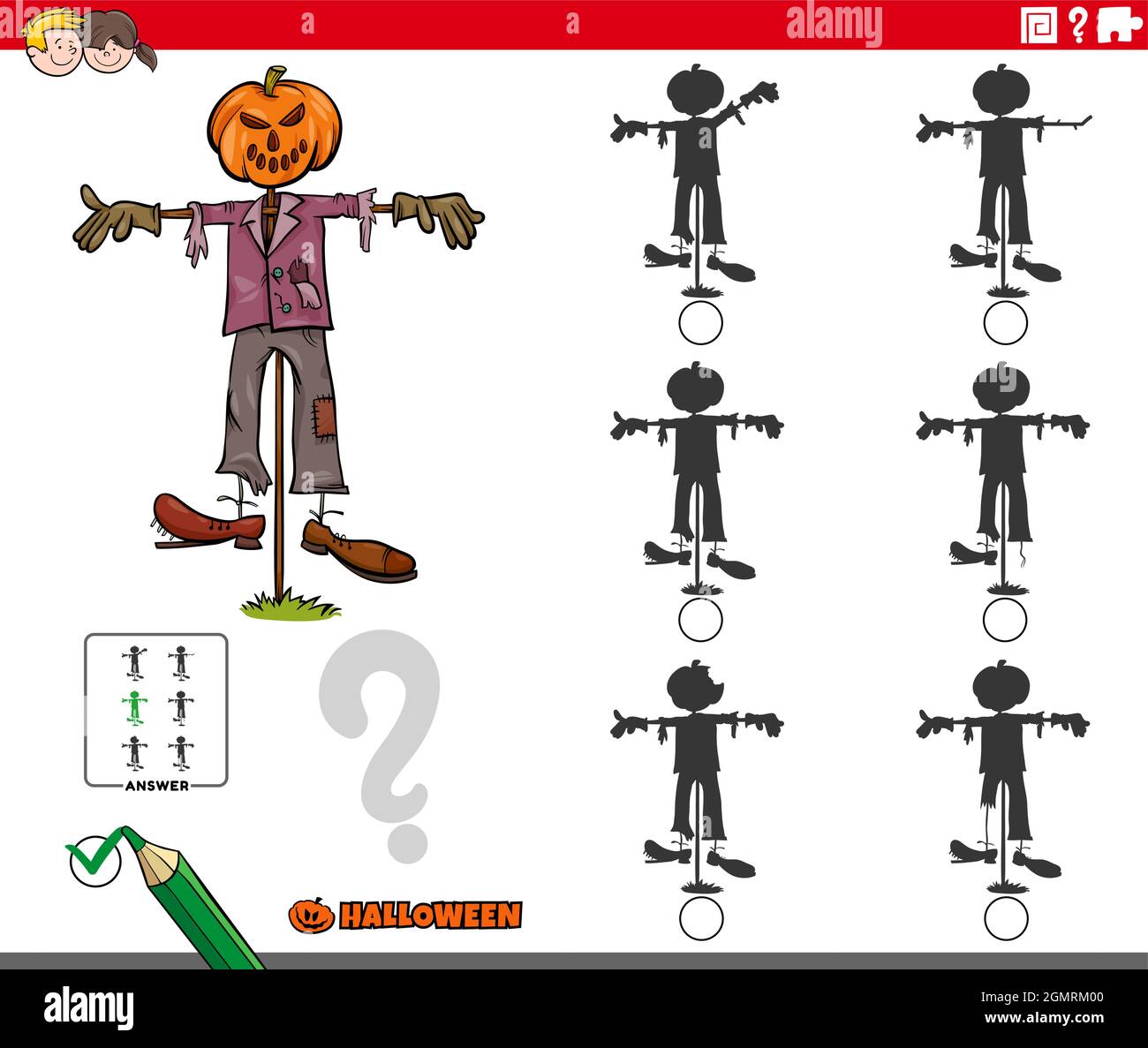 Illustration de dessin animé de trouver l'ombre sans différences jeu éducatif pour les enfants avec le caractère d'Halloween de fracas Illustration de Vecteur