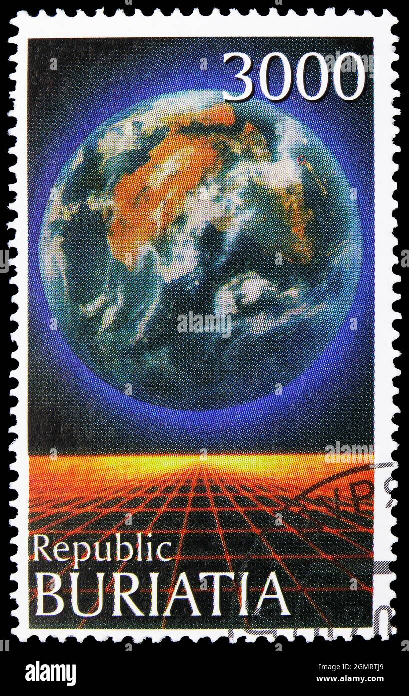 MOSCOU, RUSSIE - 6 NOVEMBRE 2019 : timbre-poste imprimé dans Cendrillon montre l'astronomie, série Buriatia Russie, vers 1997 Banque D'Images