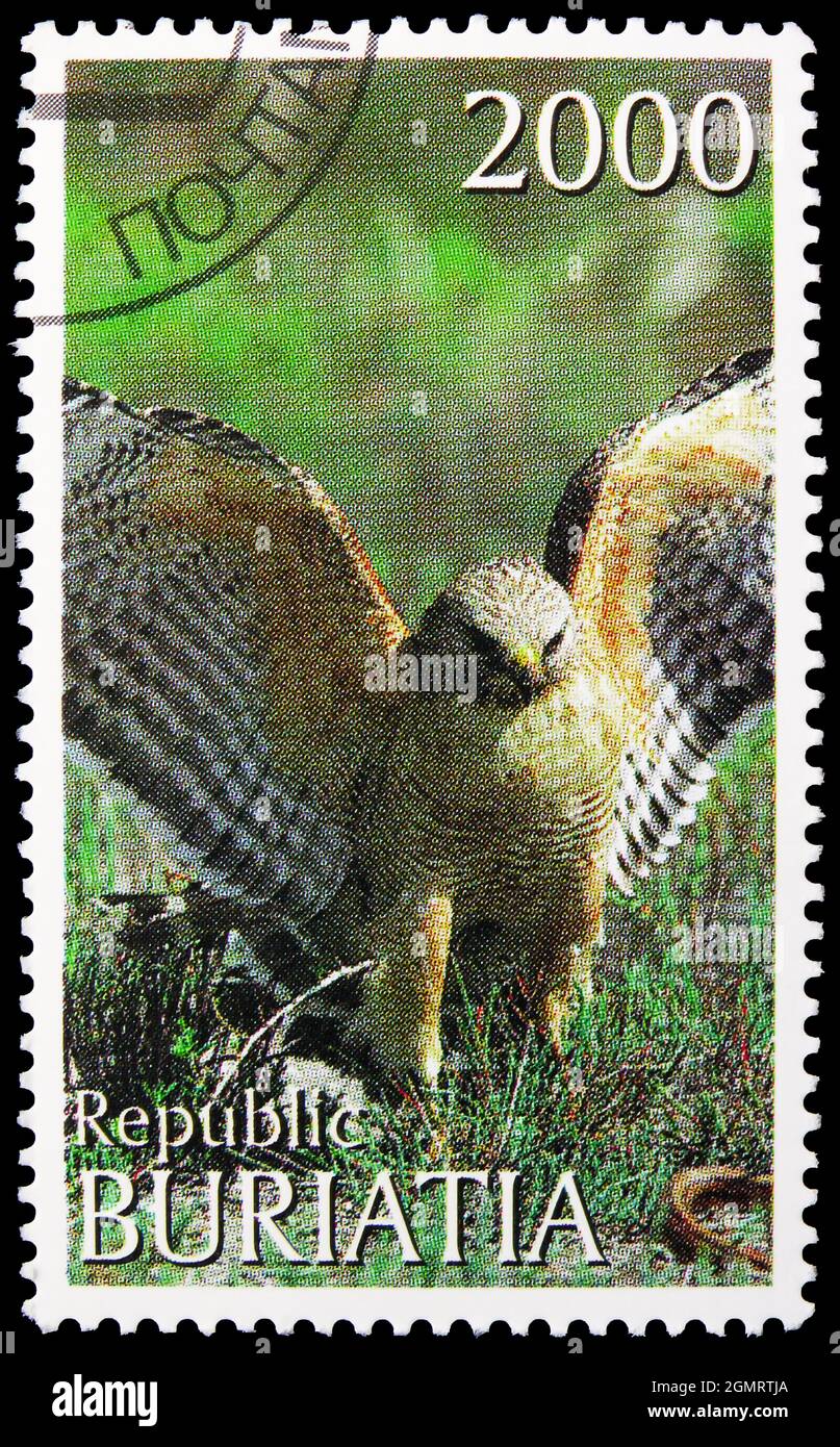 MOSCOU, RUSSIE - 6 NOVEMBRE 2019 : timbre-poste imprimé à Cendrillon montre Falcon, série Buriatia Russie, vers 1997 Banque D'Images