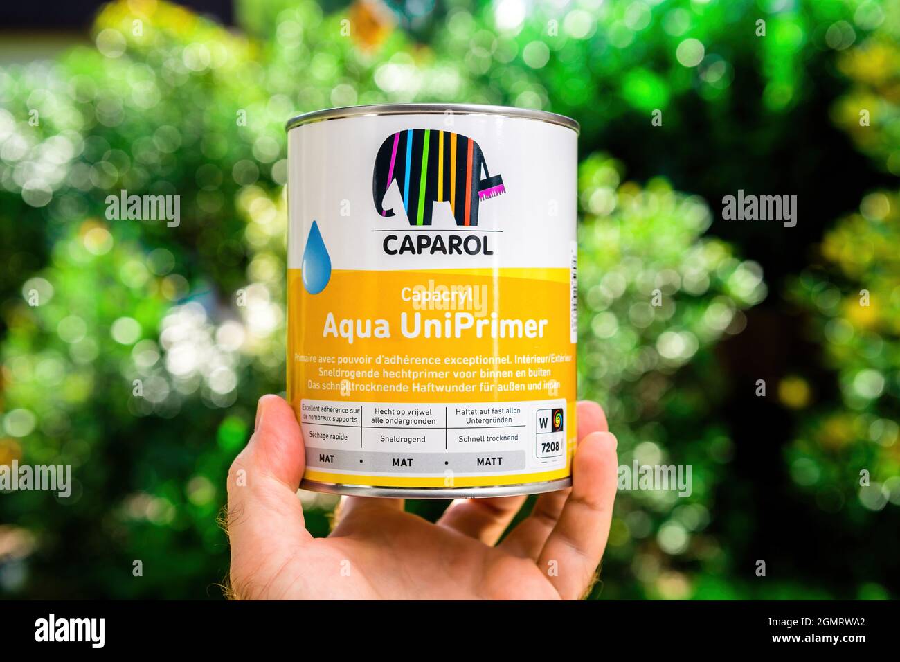 Boîte métallique non ouverte avec Caparol Aqua UniPrimer pour la décoration et la peinture de la maison Banque D'Images