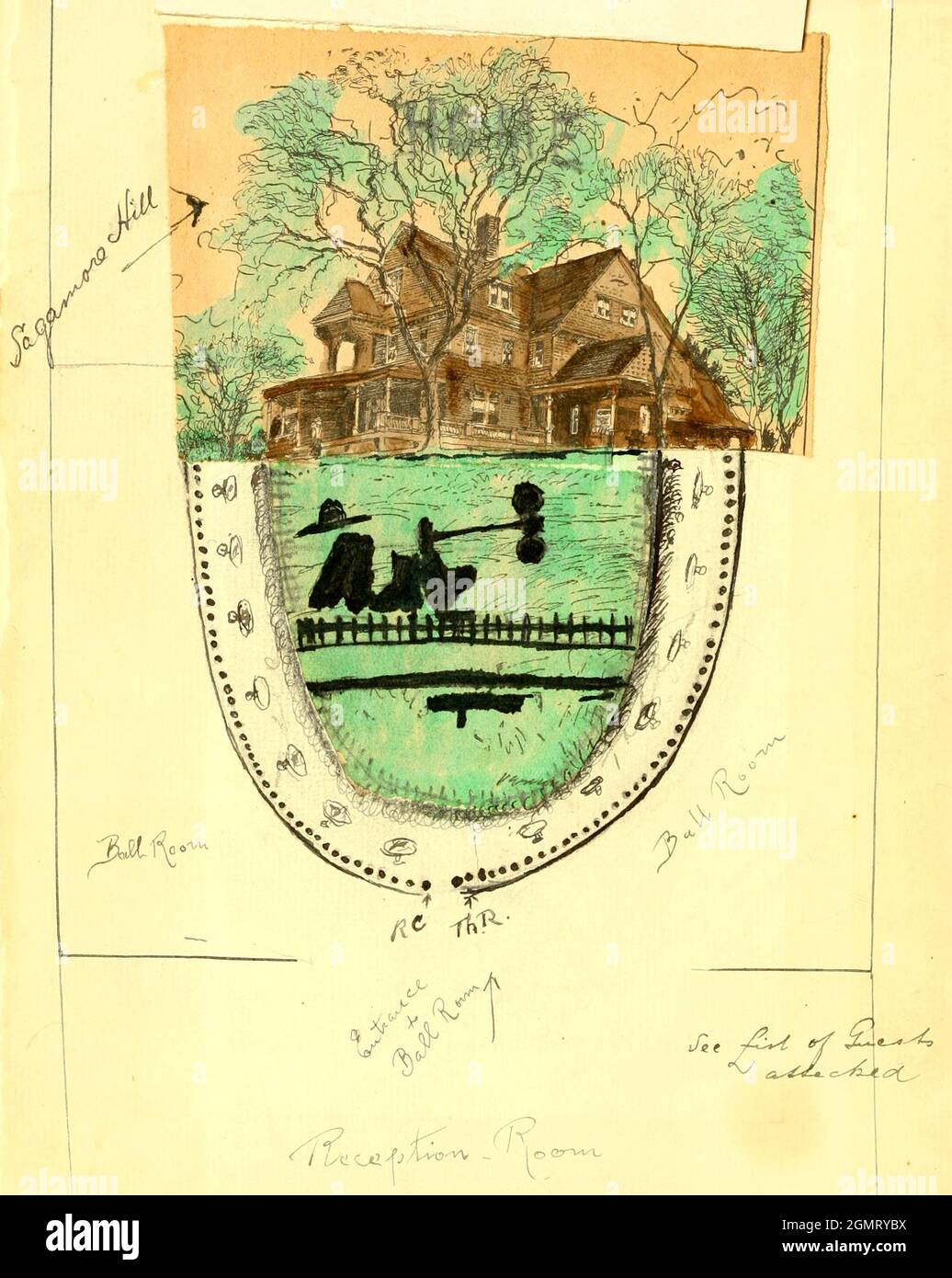 Informations et directions dessinées à la main sur une carte et dessin de la maison de Theodore Roosevelt - Sagamore Hill Banque D'Images