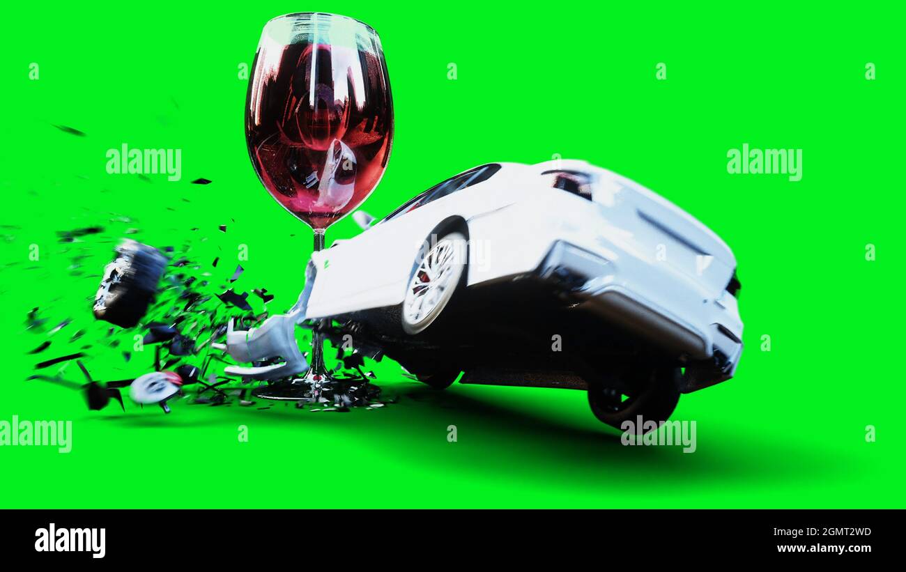 la voiture 3d générique blanche se bloque dans une bouteille d'alcholol. Concept de conducteur sobre. rendu 3d. Banque D'Images