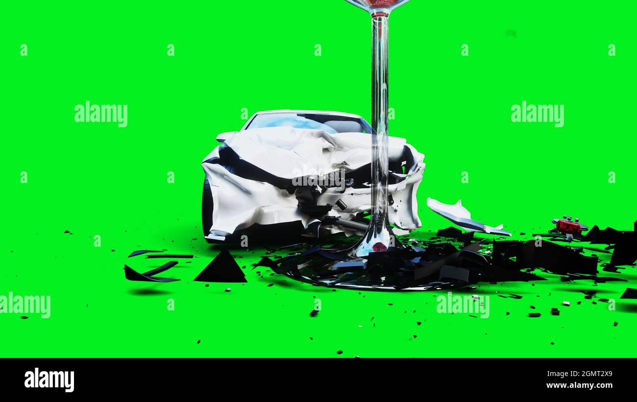 la voiture 3d générique blanche se bloque dans une bouteille d'alcholol. Concept de conducteur sobre. rendu 3d. Banque D'Images