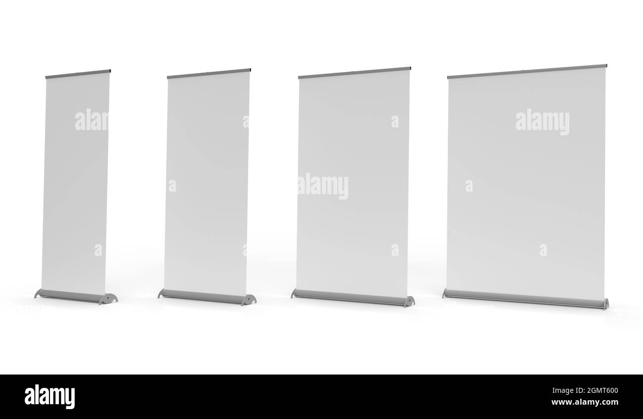Bannière escamotable mécanisme de défilement d'exposition et signalisation, vierges et isolées sur un fond blanc pour les maquettes et les illustrations. Illustration du rendu 3d Banque D'Images