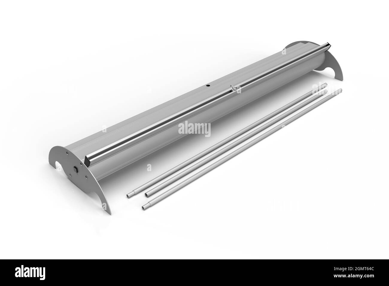 Enrouler ou tirer le support du mécanisme de bannière montrant la base, l'extrusion et les pôles du système, Executive Rola 3d Rendered illustration. Alumine Banque D'Images