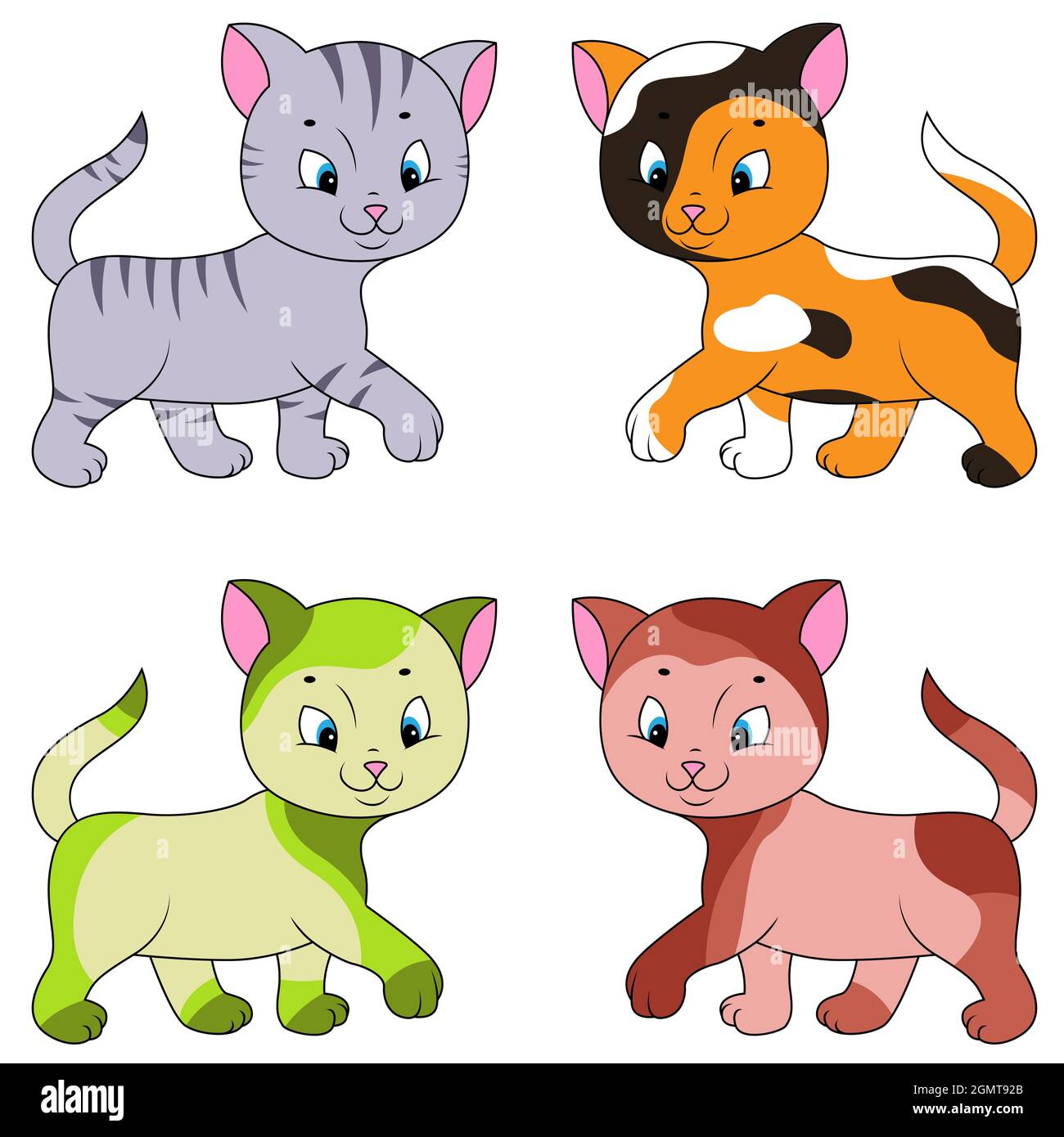 Quatre chats cartoon différents isolés sur fond blanc, image couleur des animaux Illustration de Vecteur