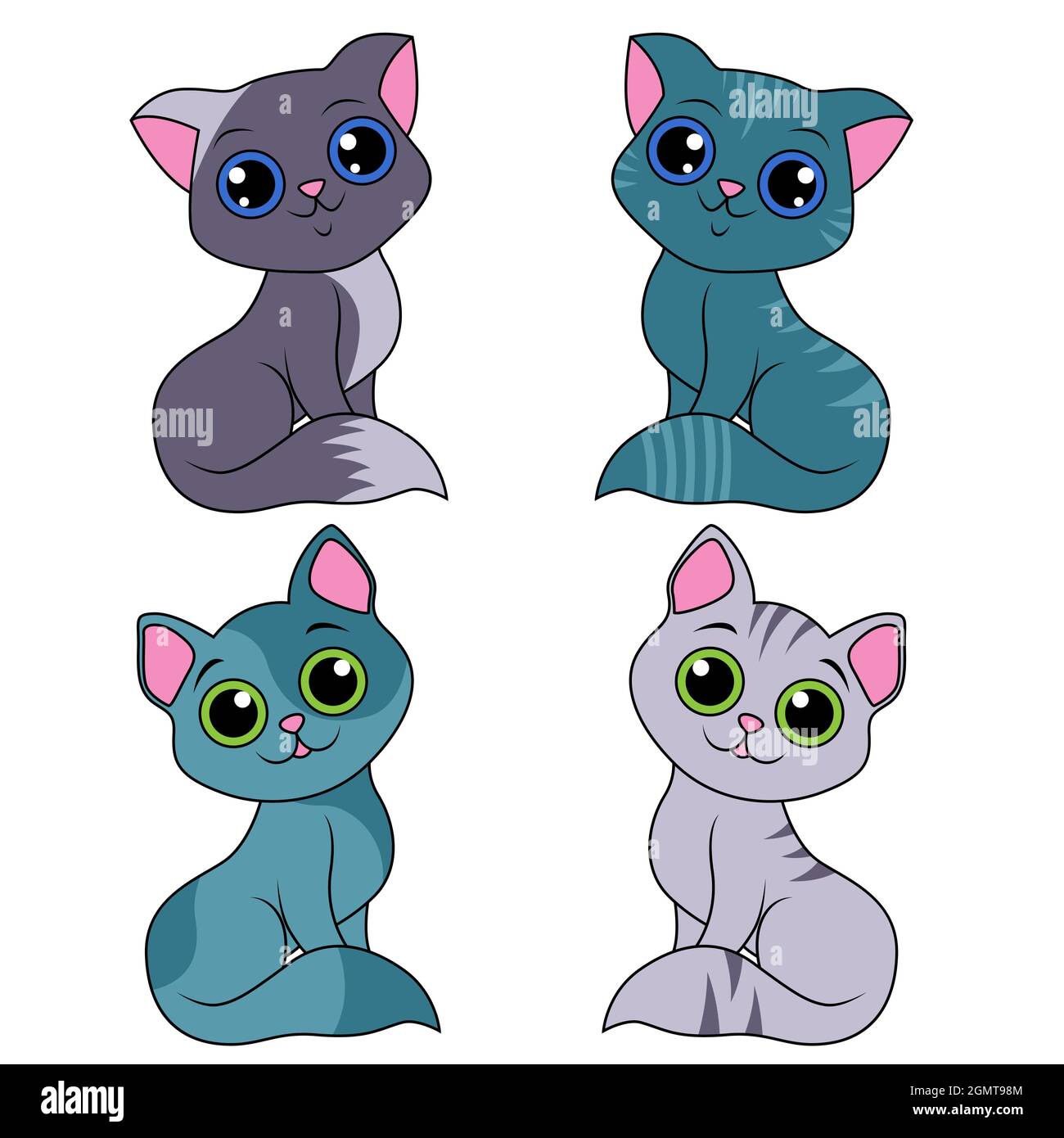 Quatre chats de dessin animé différents drôle isolés sur fond blanc, image couleur des animaux de compagnie Illustration de Vecteur