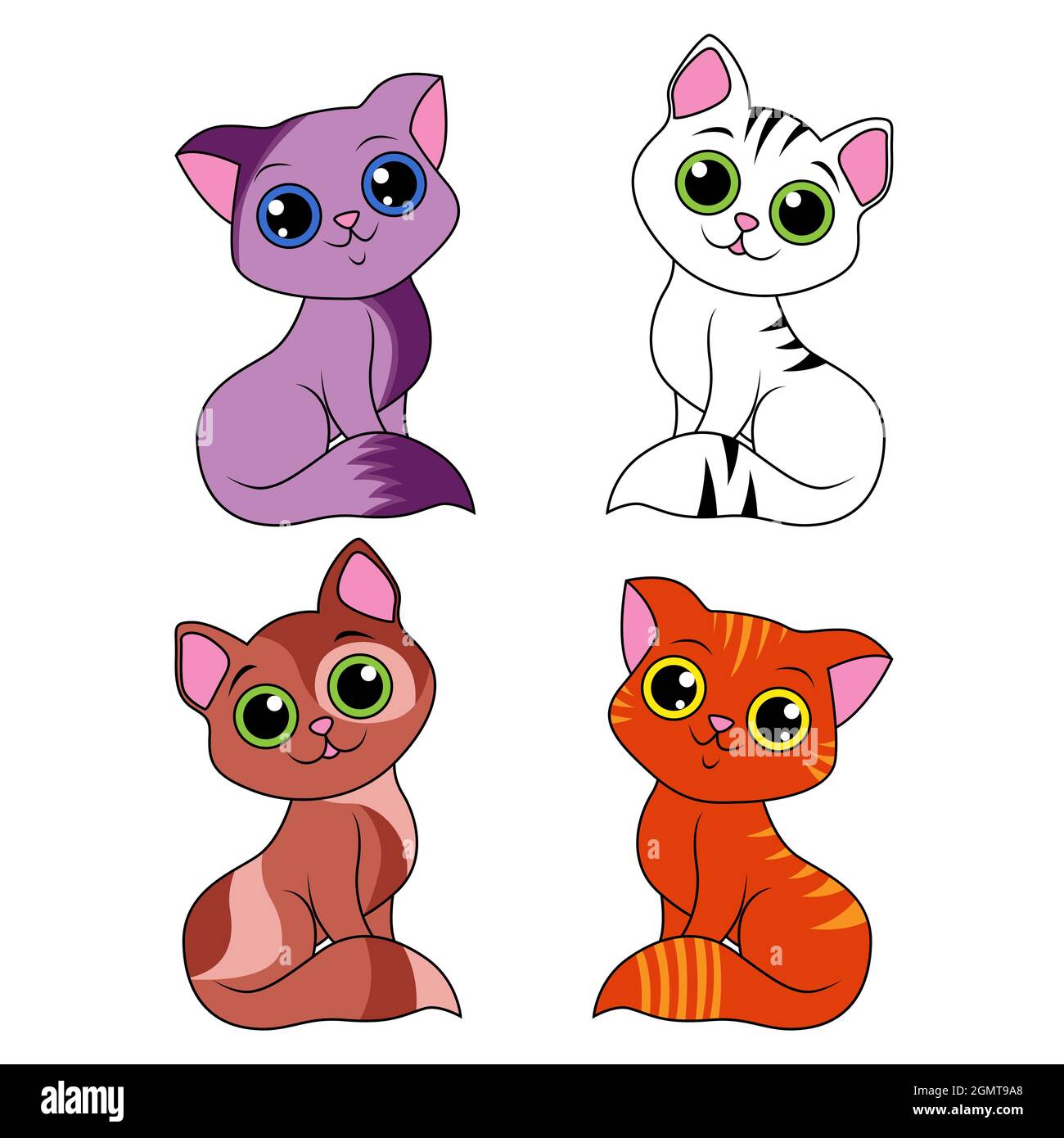 Quatre chats animés différents amusants isolés sur fond blanc, image couleur des animaux de compagnie Illustration de Vecteur