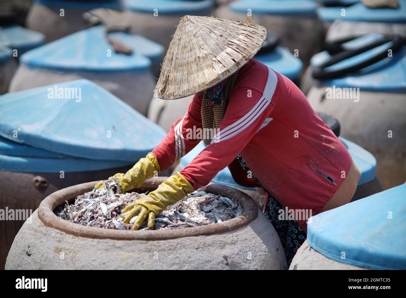 Récipient de sauce de poisson dans la province de Binh Thuan, sud du Vietnam Banque D'Images