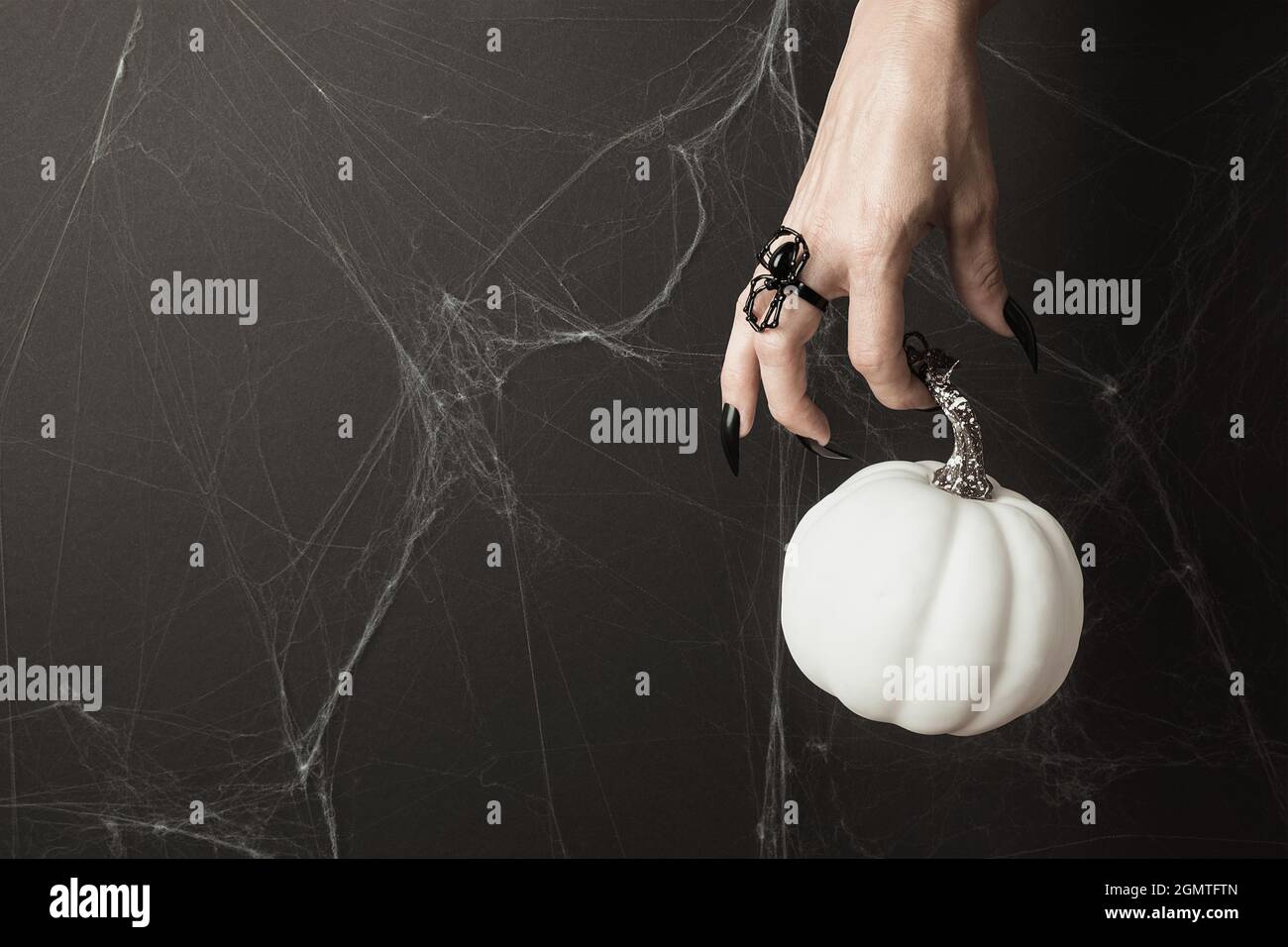 Joyeux Halloween concept de vacances. Main avec de longs ongles noirs et anneau d'araignée tient la citrouille blanche sur fond noir avec des toiles d'araignée. Banque D'Images