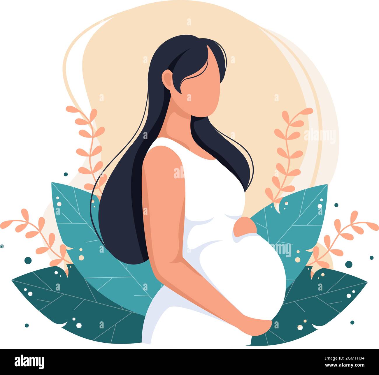 Femme Enceinte Avec Des Tasses Son Ventre Ou Mere Attendant Le Bebe Dans Un Dessin De Dessin A Plat Style Toile De Fond De Feuilles Illustration Vectorielle Image Vectorielle Stock Alamy