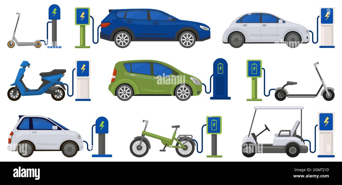 Transport électrique écologique alimenté par une station de charge. Voiture, scooter, vélo à la station de charge, kit d'illustrations vectorielles Illustration de Vecteur