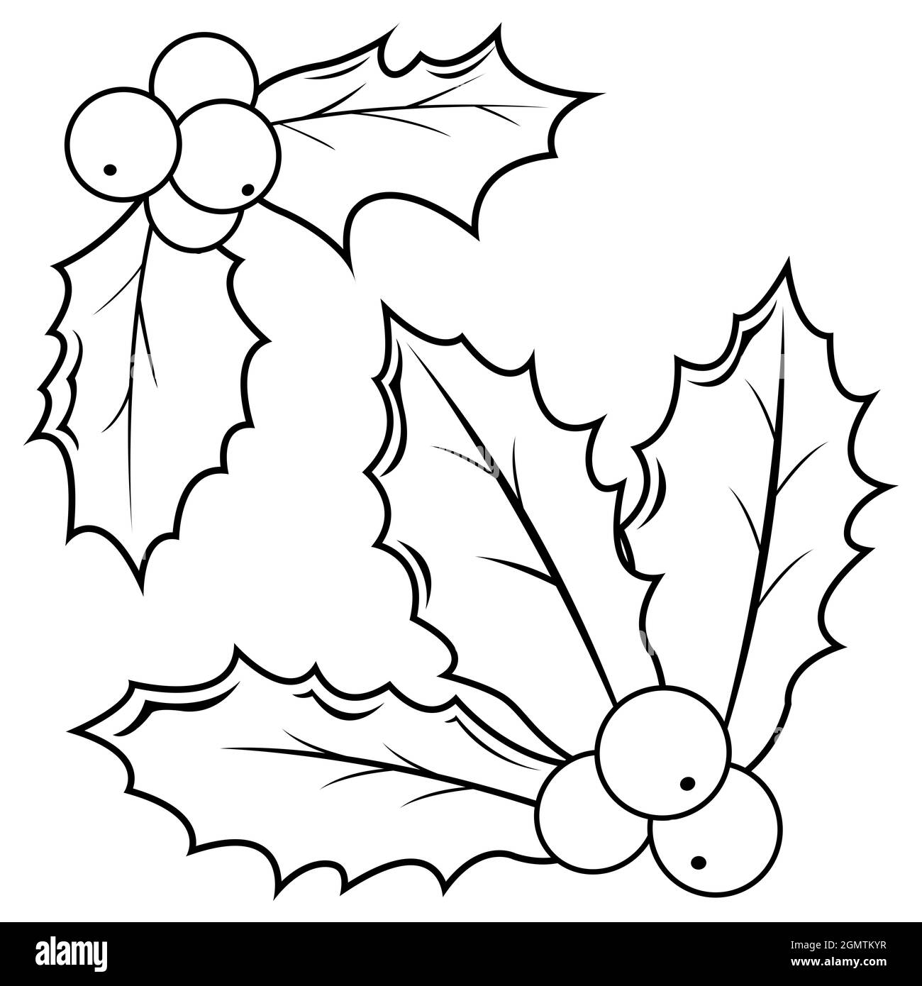 Branche de baie houx sur fond blanc. Ornement Noël feuilles vertes houx et baies rouges. Décoration de Noël. Coloriage noir et blanc. Banque D'Images