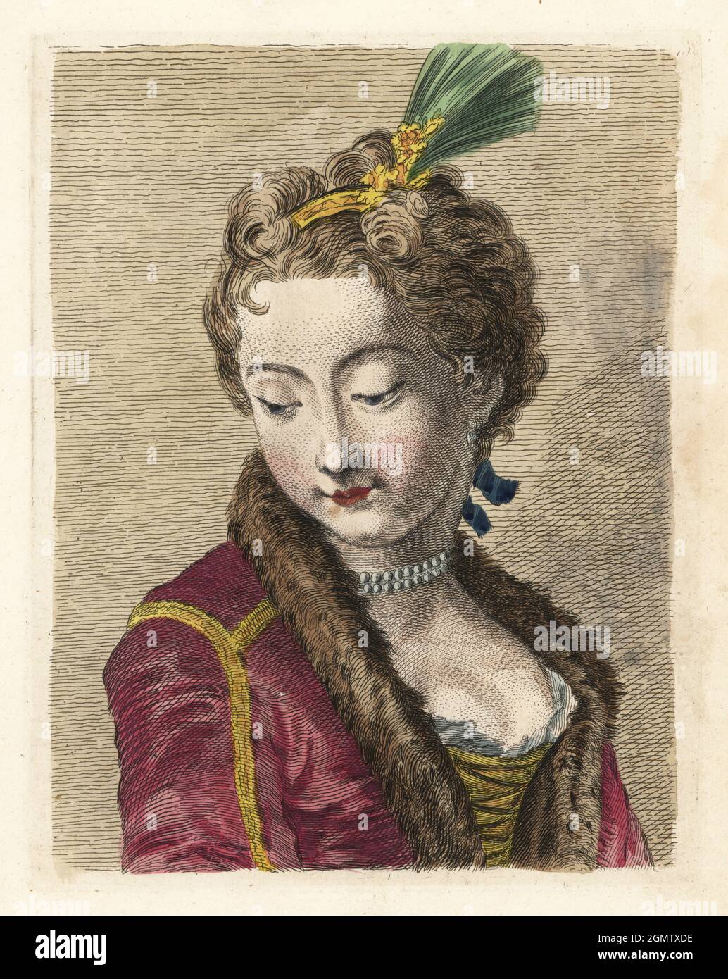 Figure d'une jeune femme avec panache dans ses cheveux, manteau doublé de  fourrure. D'une peinture par un ancien maître dans un livre de tutoriel  d'art du XVIIIe siècle. Gravure en copperplate de