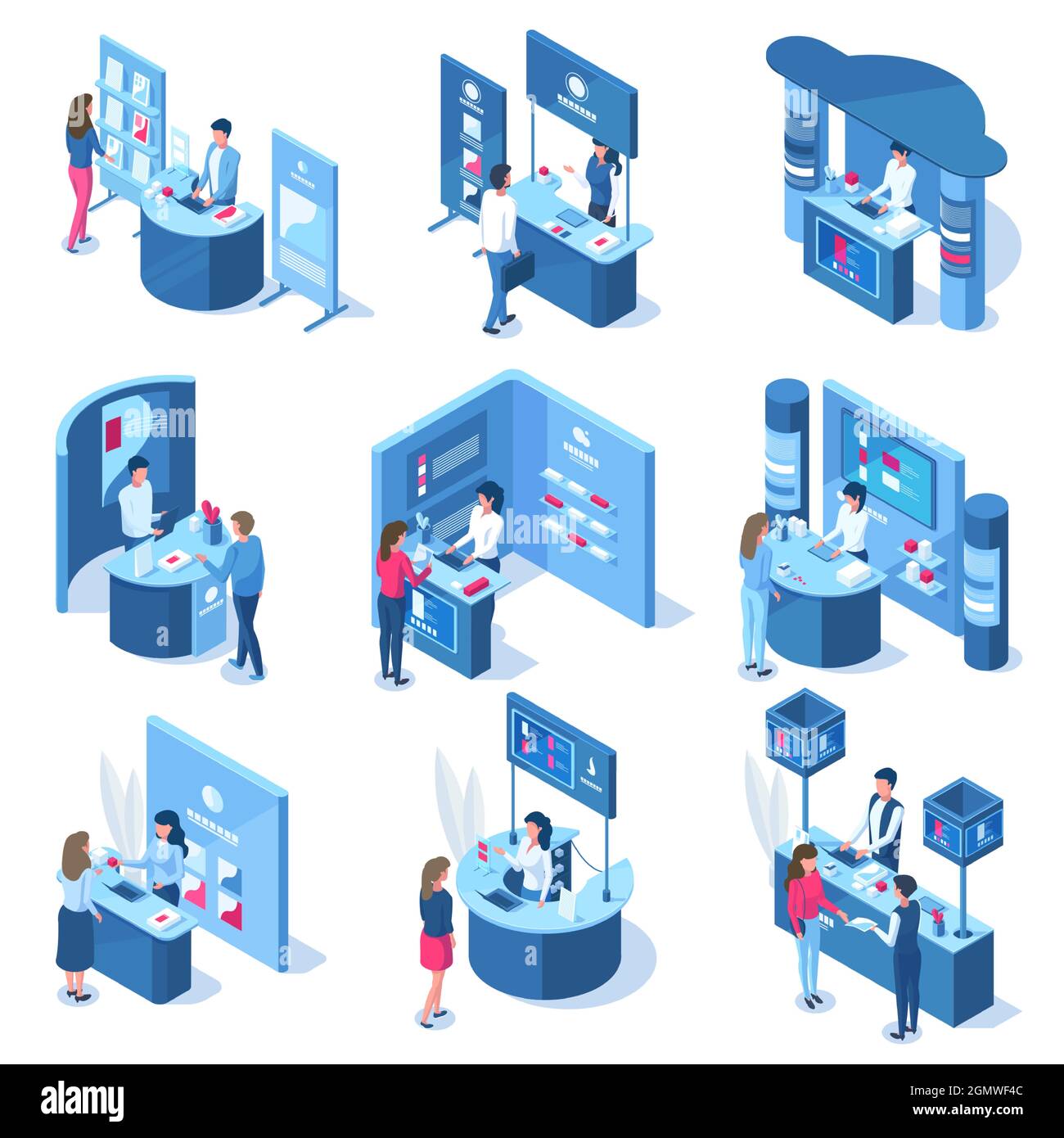 La promotion de démonstration de l'exposition 3D isométrique accueille les travailleurs et les visiteurs. Supports promotionnels, jeu d'illustrations vectorielles pour panneaux professionnels. Centre d'expositions Illustration de Vecteur
