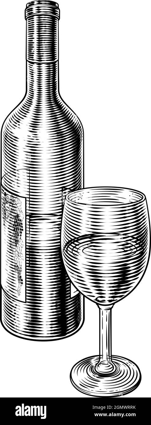 Bouteille de vin et verre Vintage Etching Woodcut Illustration de Vecteur