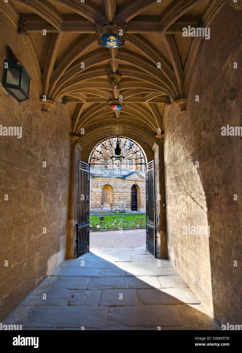 L'entrée intime entre deux des sites les plus historiques d'Oxford : la bibliothèque Bodleian et la place Radcliffe. La bibliothèque Bodleian, la principale resea Banque D'Images