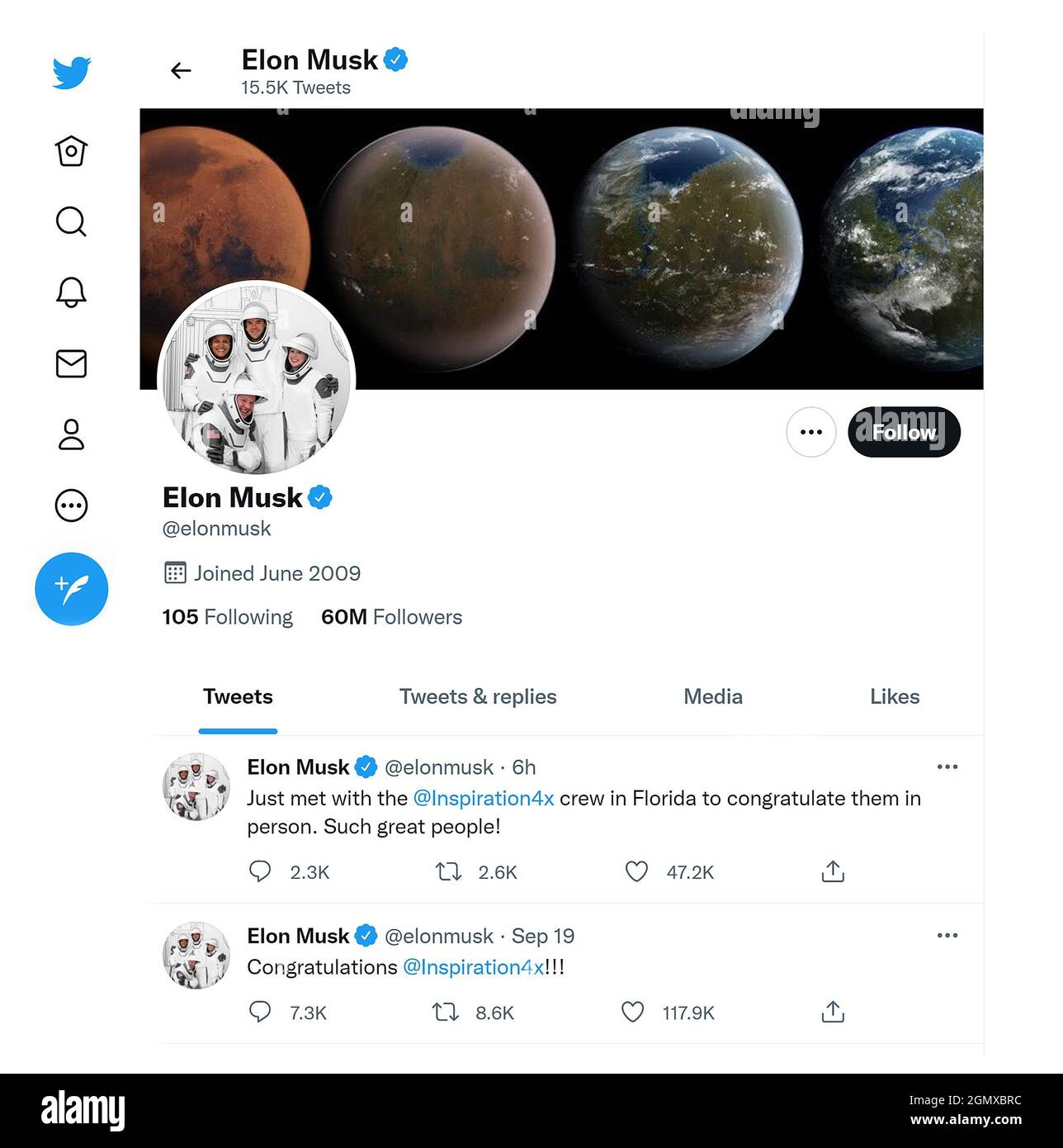 Twitter page (septembre 2021) d'Elon Musk - fondateur, PDG et ingénieur en chef chez SpaceX ; PDG et architecte produit de Tesla, Inc. ; fondateur de la Boring Co Banque D'Images