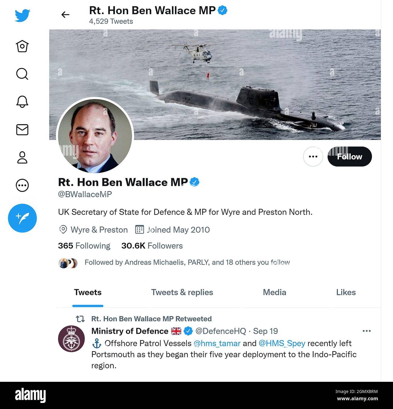 Page Twitter (septembre 2021) de Ben Wallace, secrétaire d'État britannique à la Défense Banque D'Images