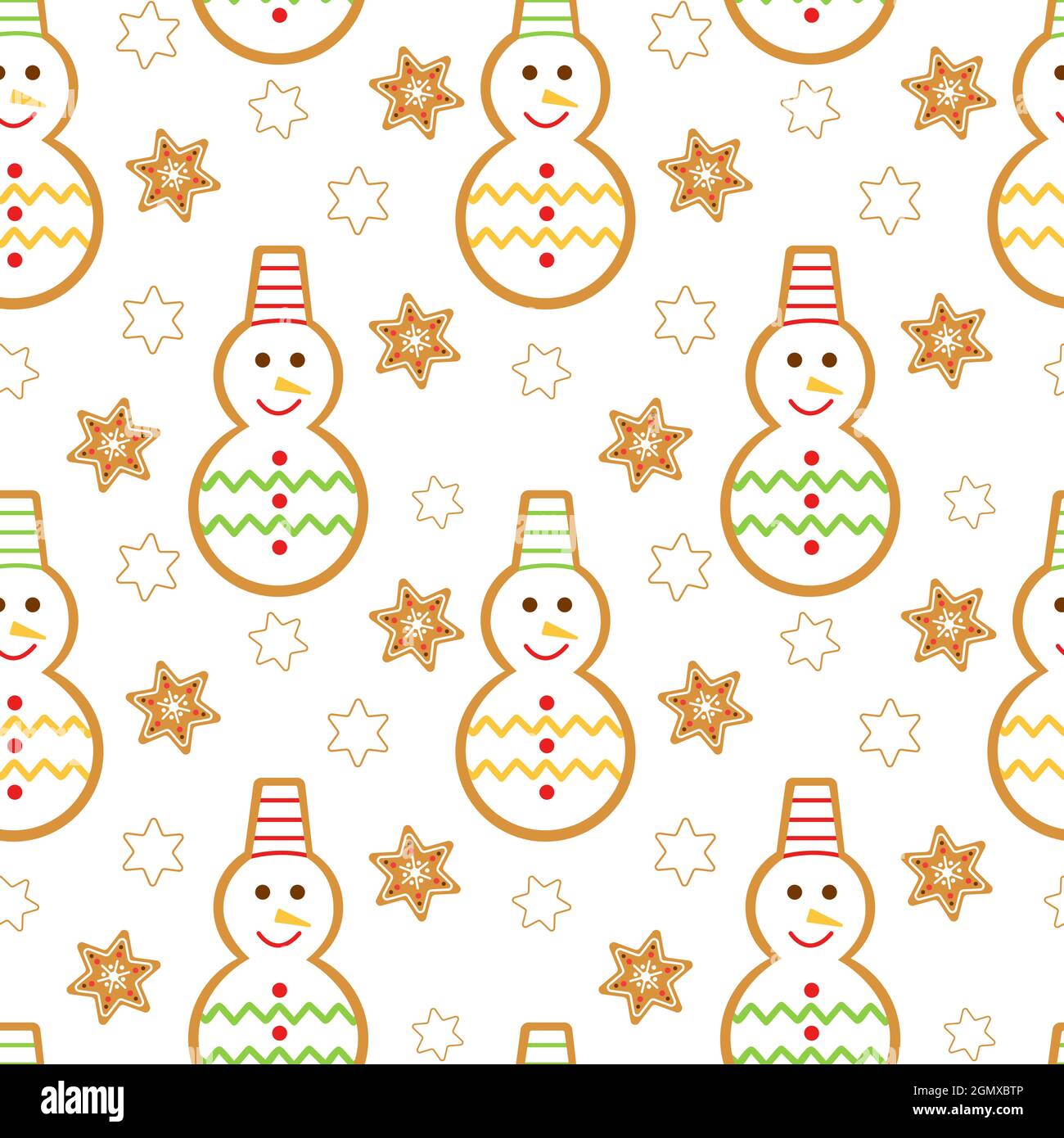 Motif hiver festif sans coutures avec motif représentant des bonhommes de neige et des étoiles. Arrière-plan de Noël et du nouvel an avec des gâteaux faits maison traditionnels. Templa Illustration de Vecteur