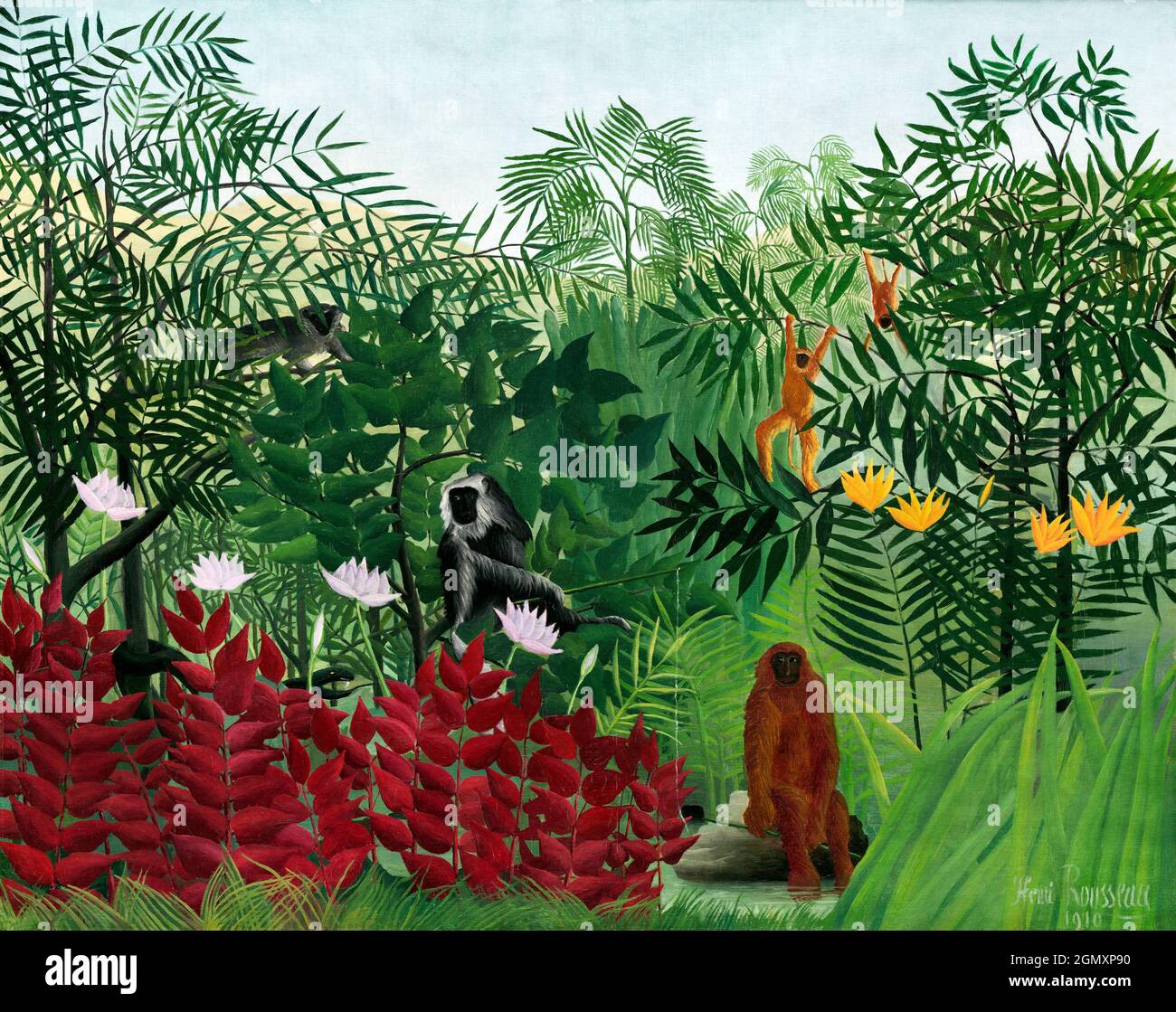 Forêt tropicale avec Monkeys (1910) par Henri Rousseau. Banque D'Images