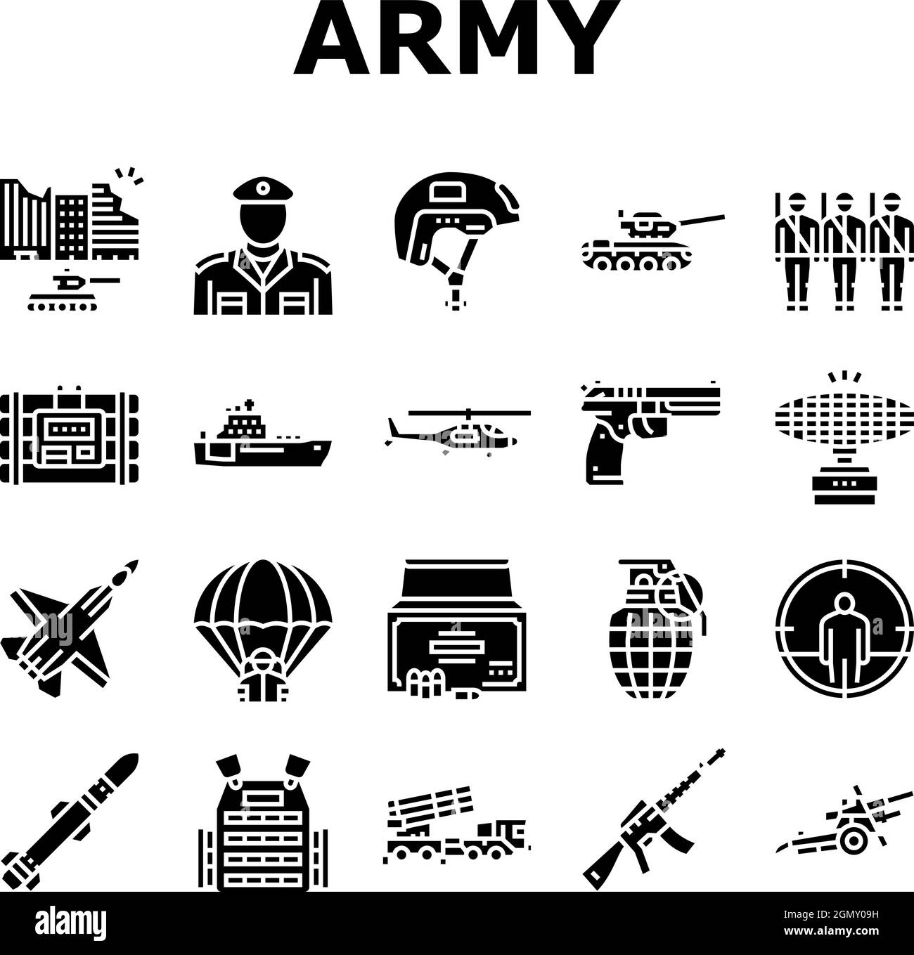 Les icônes du soldat de l'armée et des techniques de guerre définissent le vecteur Illustration de Vecteur