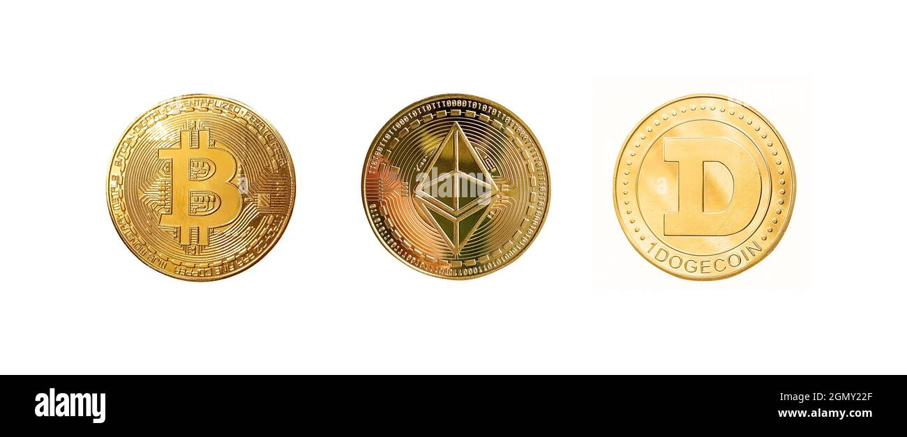 Pièces de crypto populaires isolées sur fond blanc Banque D'Images